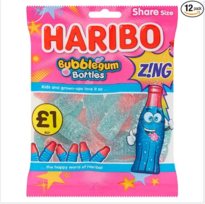 HARIBO Bubblegum Bottles Zing Bag Pack of 12 x 160 gm