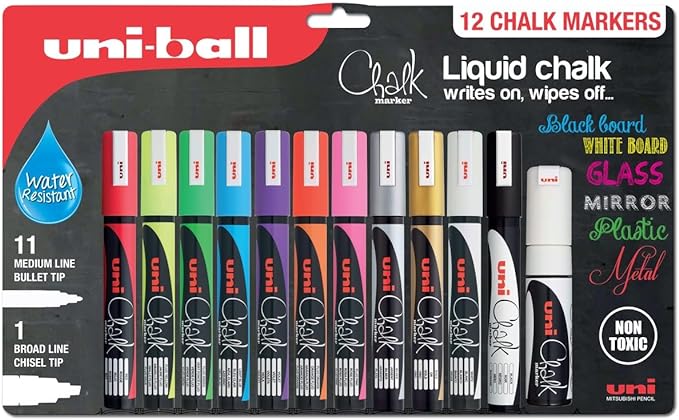 uni-ball Liquid Chalk Pens. Multi-Purpose Wipeable and Erasable Coloured Markers 12 PACK