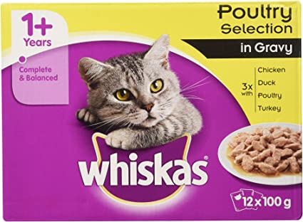 whiskas 1+ Cat Pouches Poultry in Gravy 12 x 100g (PACK OF 2)