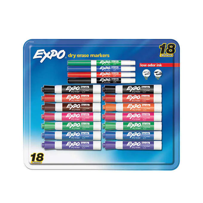 EXPO Asst Chisel & Fine Tip Low Odor Dry Erase Markers, 18 set