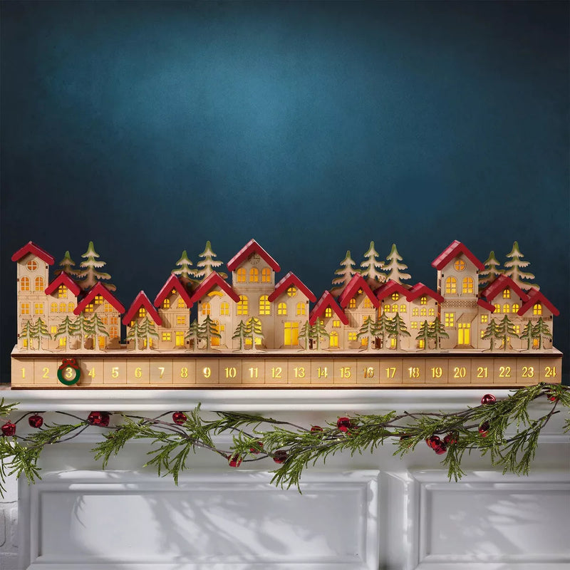 30" Holiday Wooden Village Countdown LED Advent Calendar Christmas Decoration