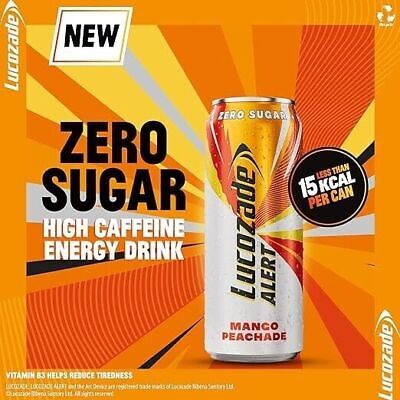 Lucozade Alert Mango Peachade zero sugar Energy Drink 12x 500ml can