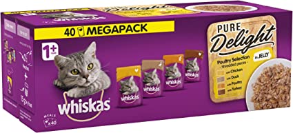 Whiskas Pure Delight wet cat food pouches, delicious and tasty poultry selection in jelly, mega pack (40 x 85 g)